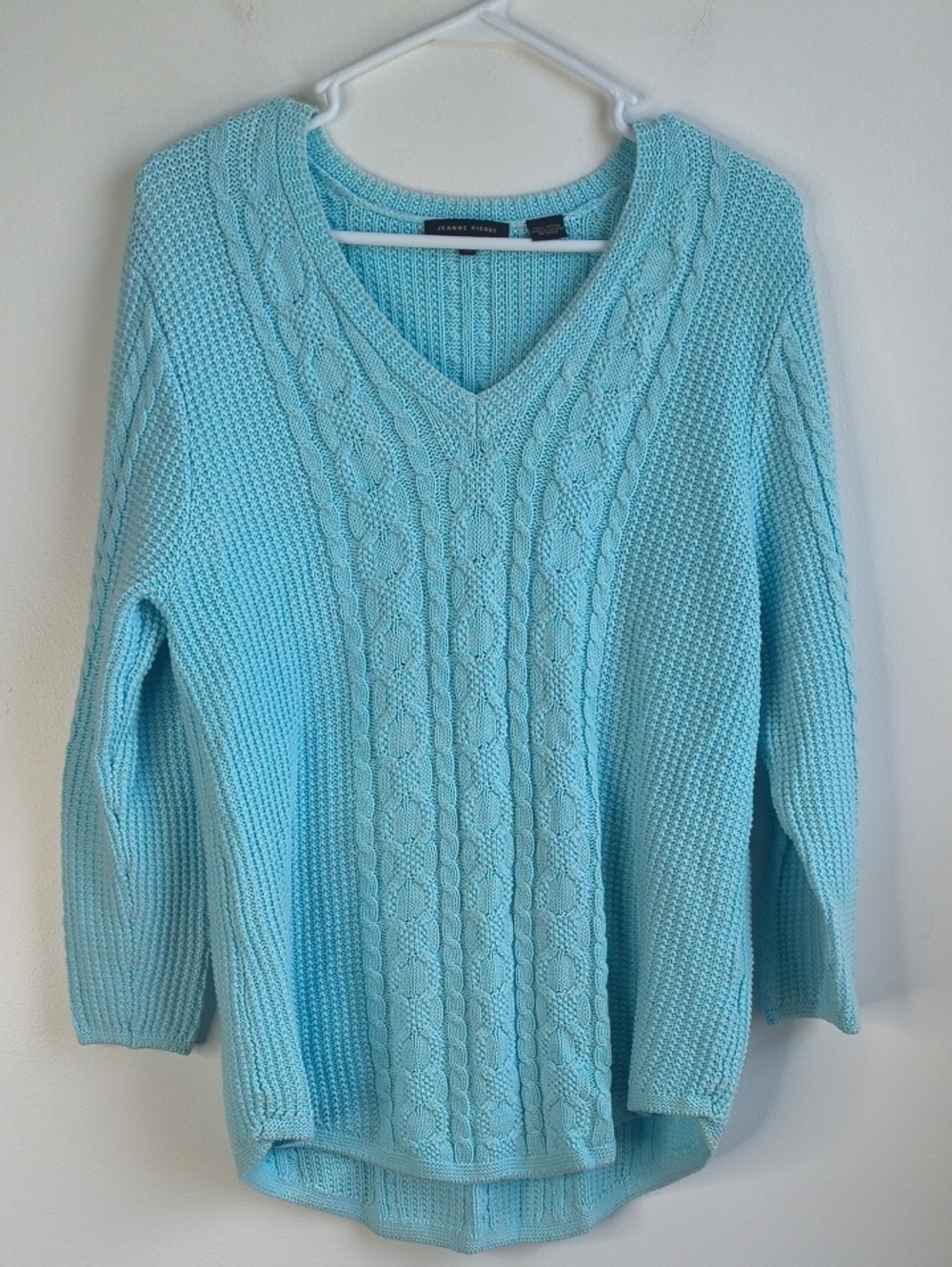Jeanne Pierre Light Blue Cable V-Neck Sweater